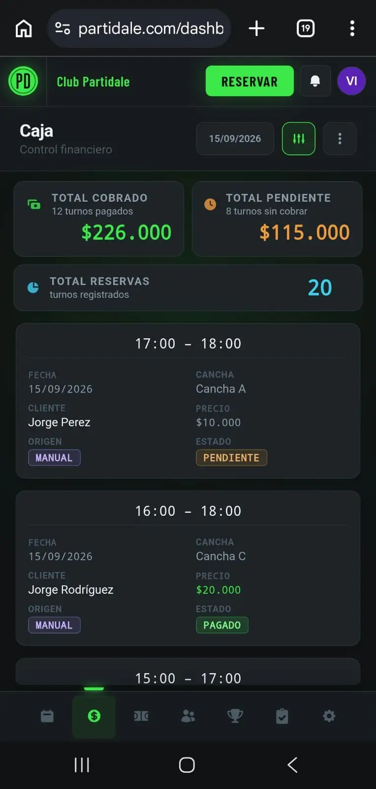 Vista móvil del módulo de caja de PartiDale