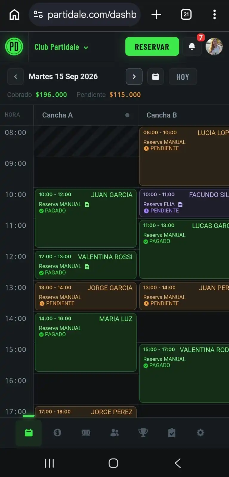 Vista móvil del calendario de reservas de PartiDale